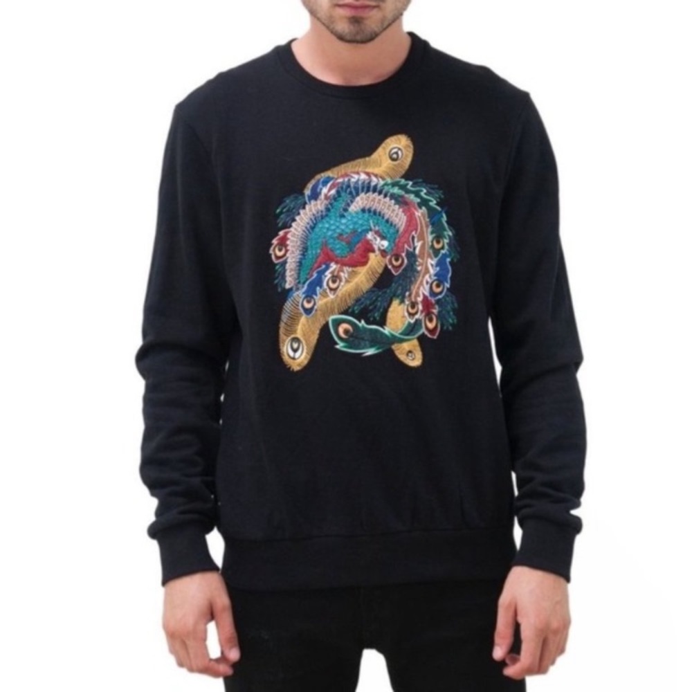 Eleven Paris Nolan Black Embroidered Crew Sweatshirt‎ Peacock Men’s Sz Medium